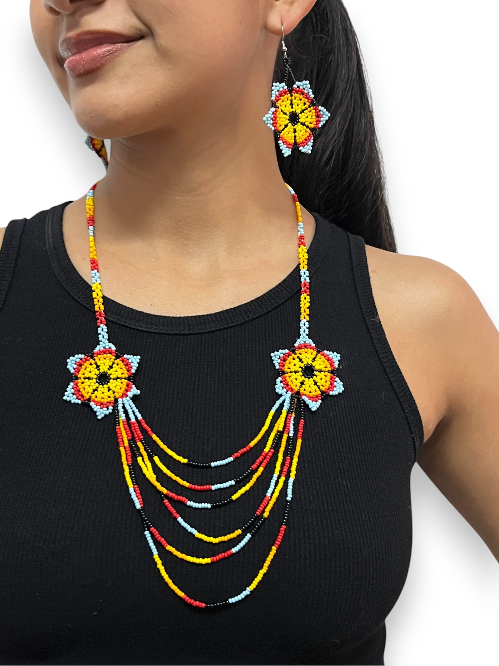 Aretes Flor Arcoíris Mostacilla Sintética - Diseño Multicolor Artesanal