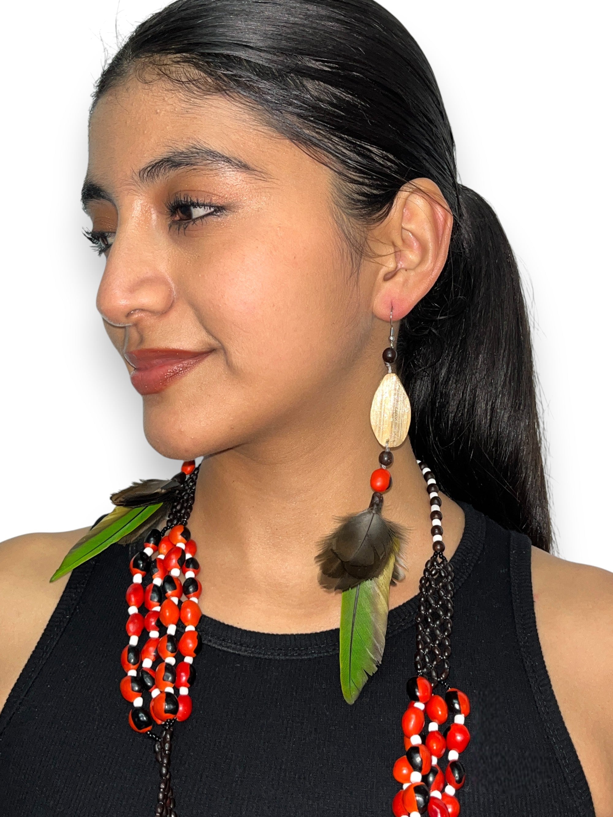 Arte Decorativo Madera, Huayruro y Plumas Guacamayo - Artesanía Amazónica
