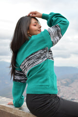 Turquoise Alpacril Wool Sweater Knitted with Sticks