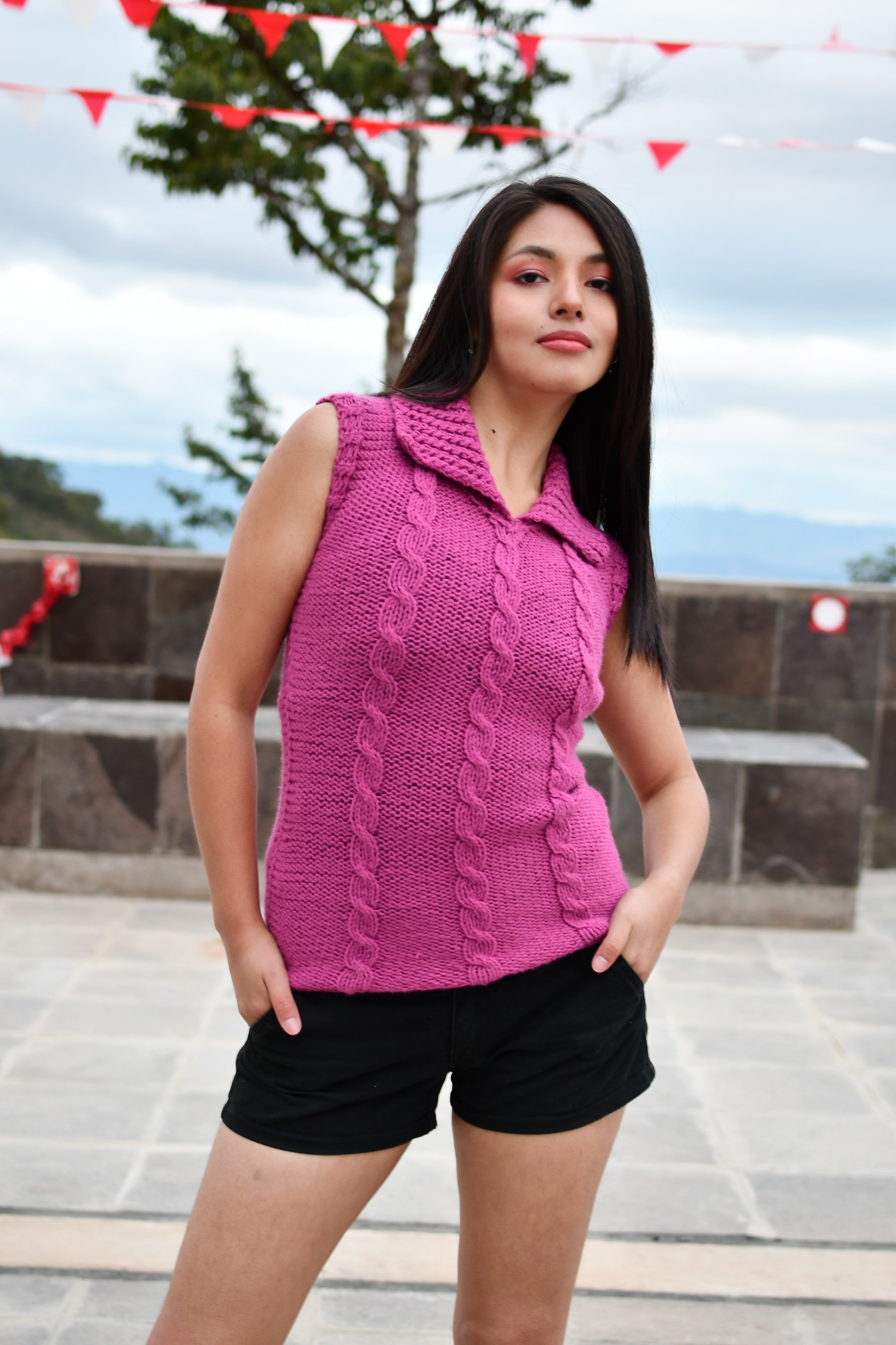 Pink Vest Shirt Collar Braided Design