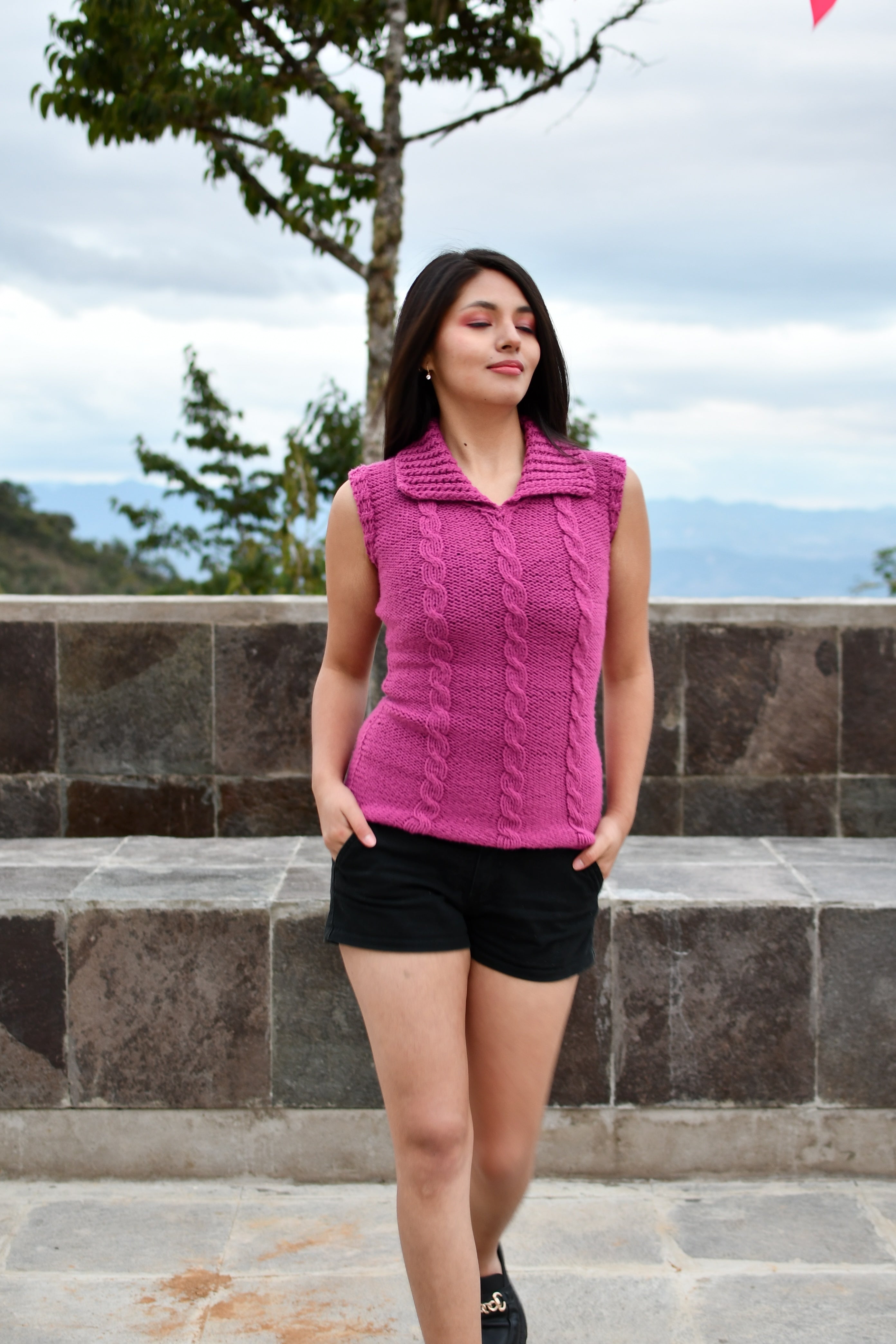 Pink Vest Shirt Collar Braided Design