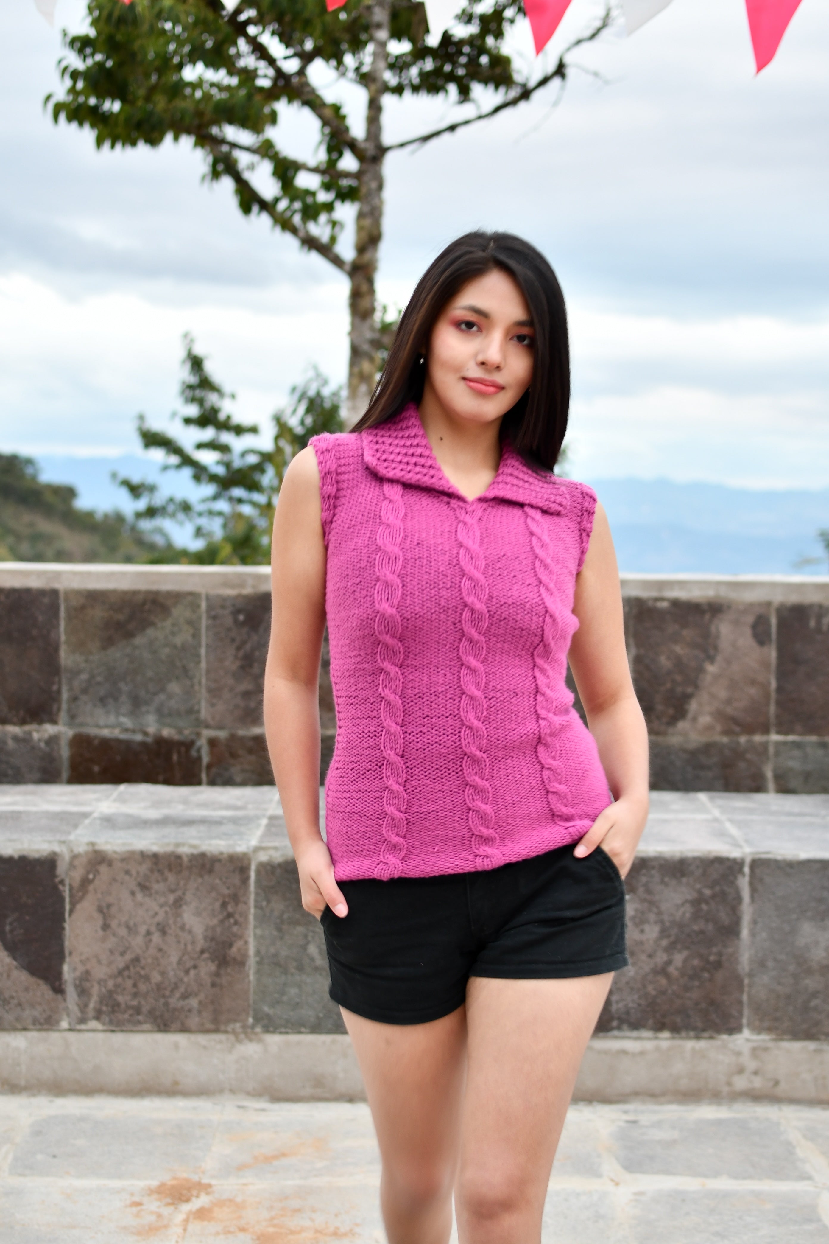 Pink Vest Shirt Collar Braided Design