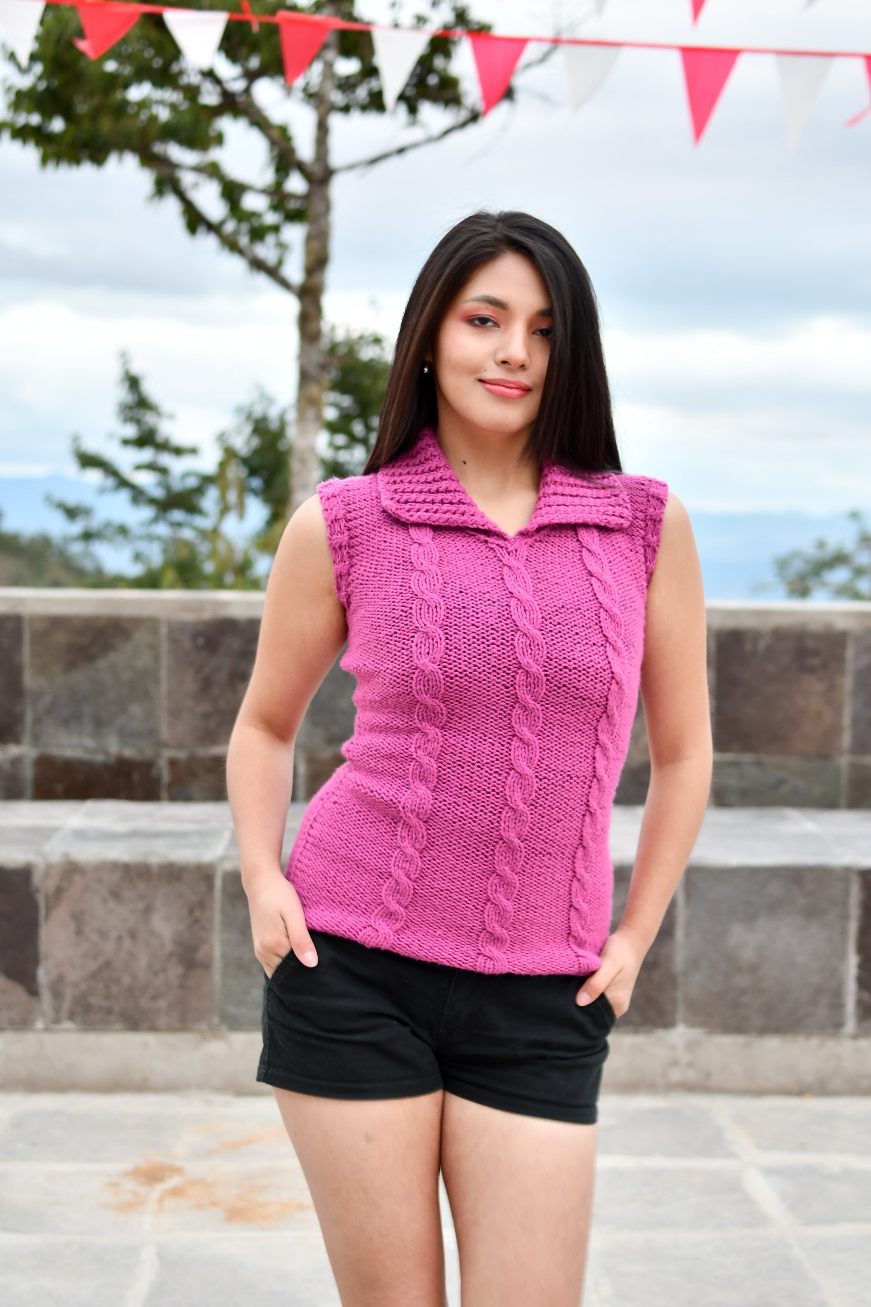 Pink Vest Shirt Collar Braided Design