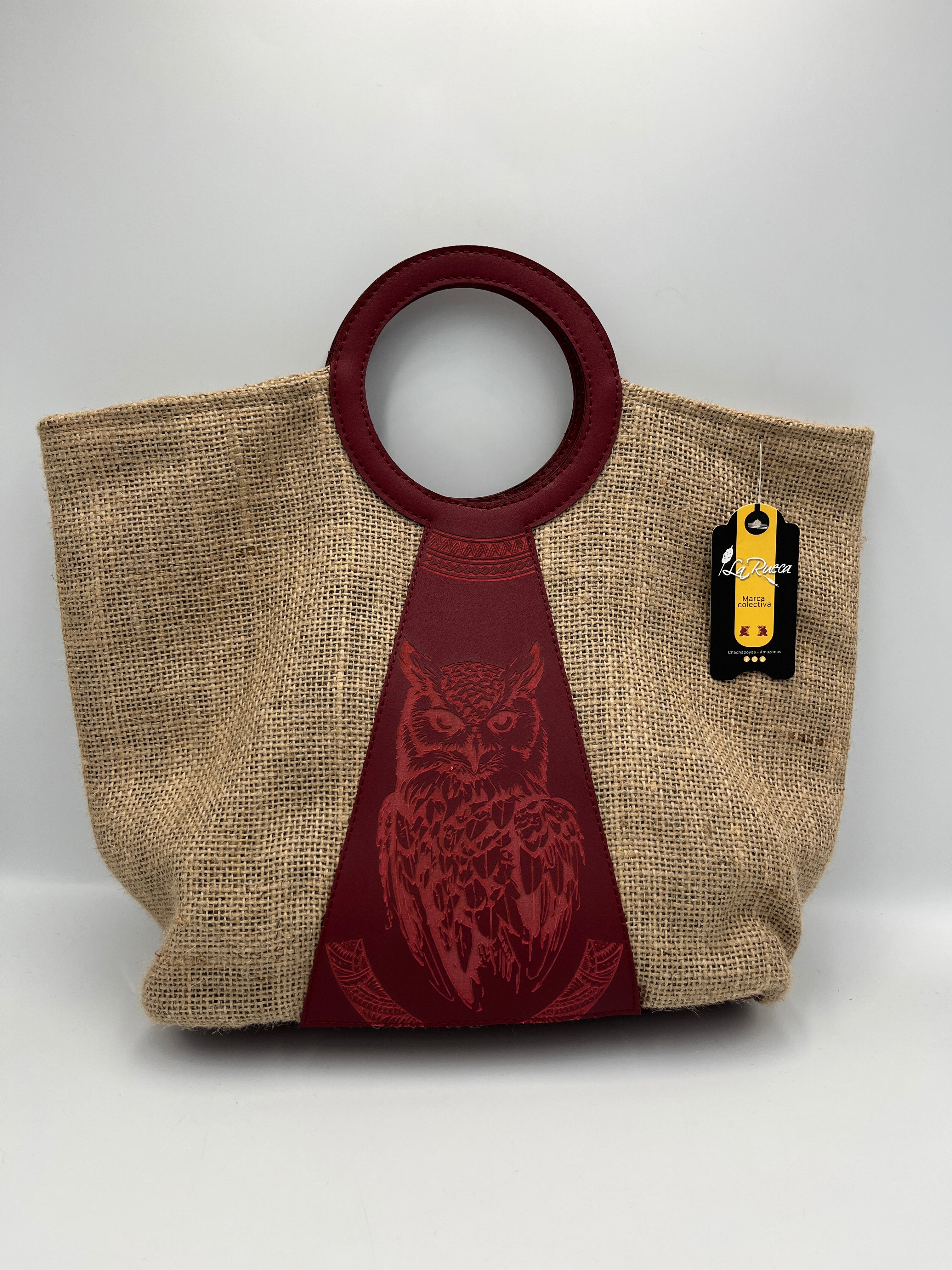 Cartera de Mano de Yute con Aplique de Bio-Cuero – Diseño de Búho