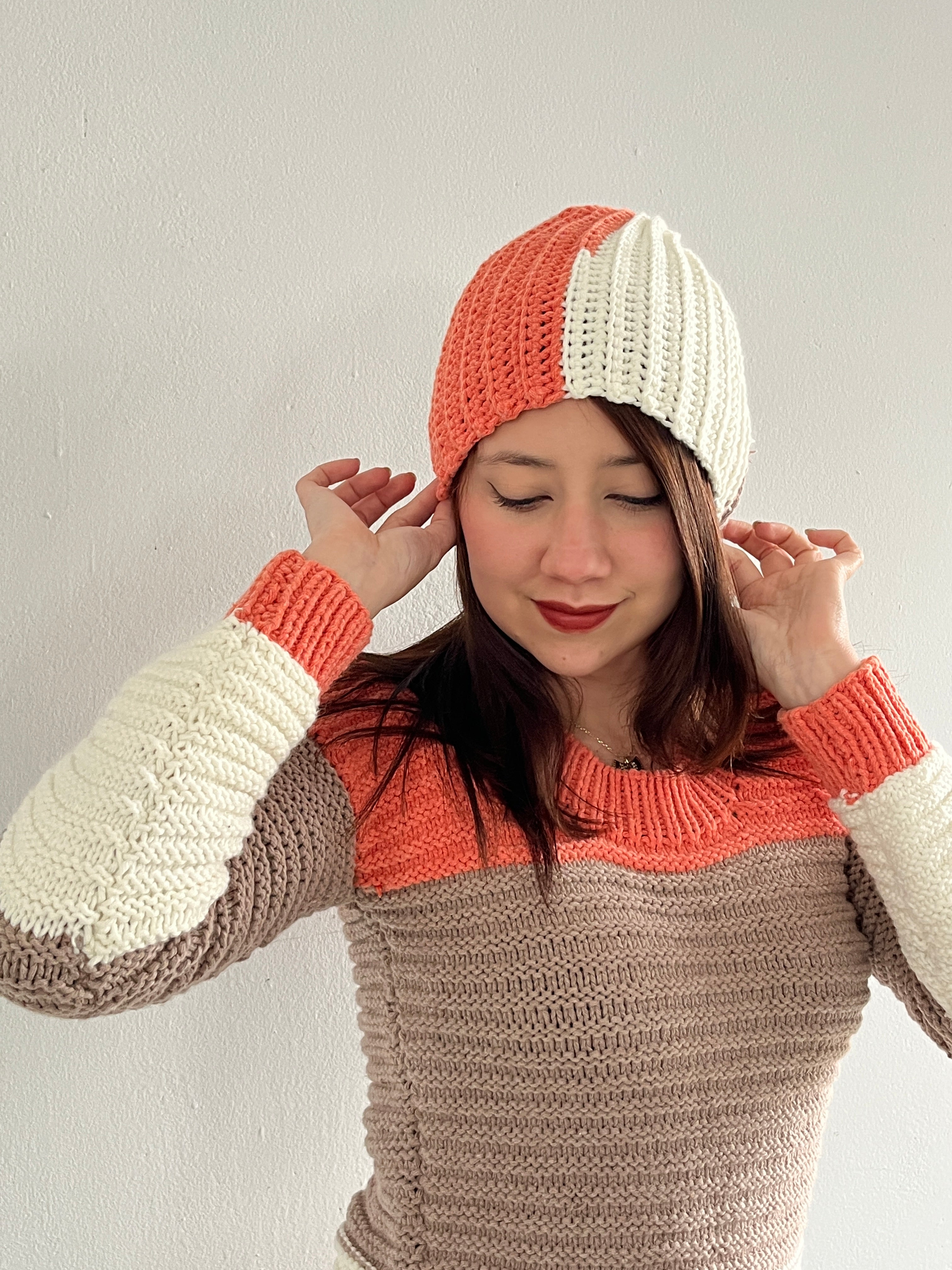 Anti-Allergy Cotton Hat with Coral, Beige, and Cream Stripes – Hand-Knitted