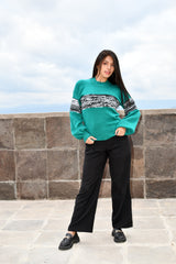 Turquoise Alpacril Wool Sweater Knitted with Sticks