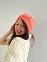 Hand-Knitted Cotton Hat with Leaf Design – Coral