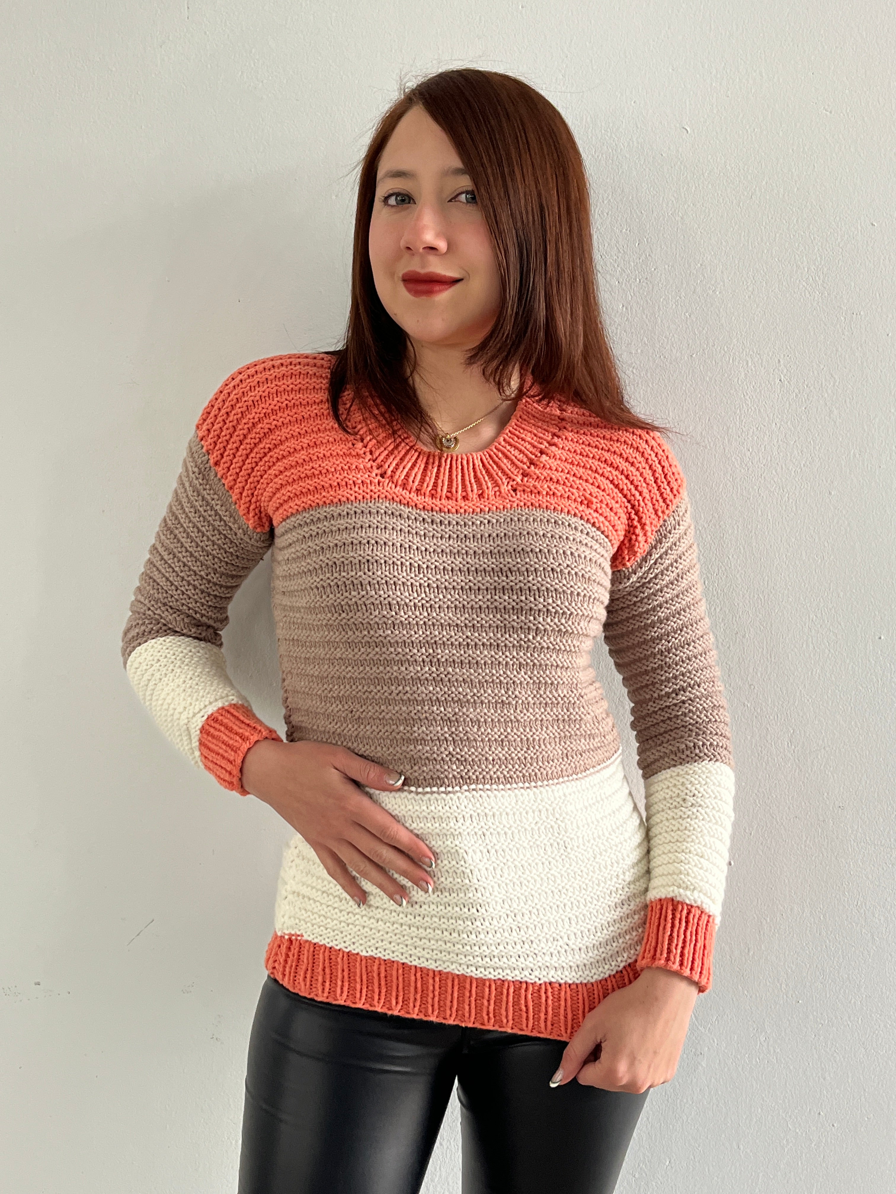 Hand-knitted cotton sweater – round neck with coral, beige, and cream stripes