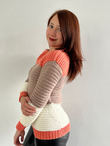 Hand-knitted cotton sweater – round neck with coral, beige, and cream stripes