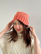 Hand-Knitted Cotton Hat with Leaf Design – Coral