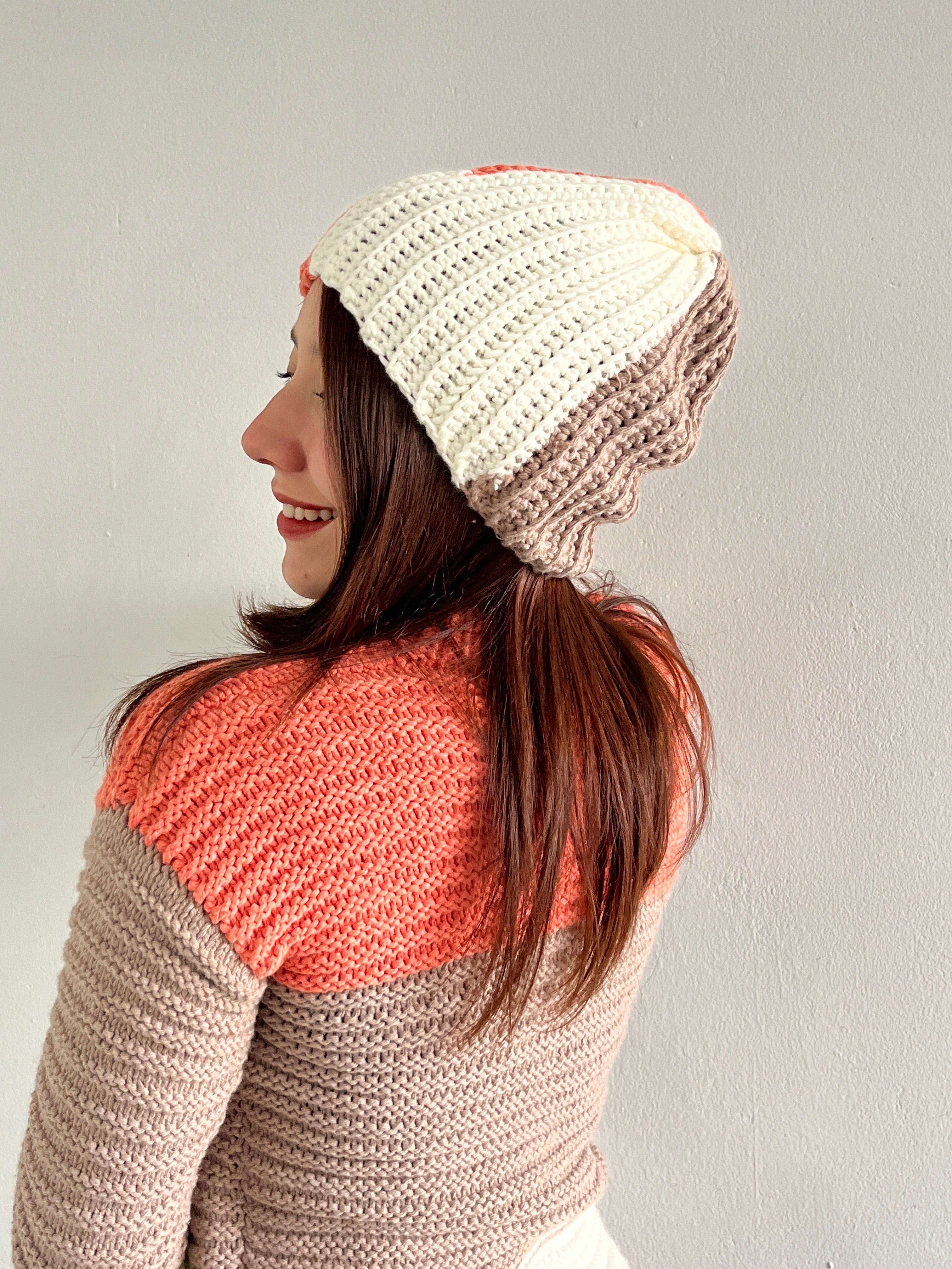 Anti-Allergy Cotton Hat with Coral, Beige, and Cream Stripes – Hand-Knitted