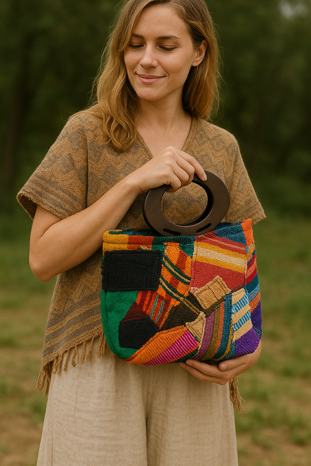 Cartera Grande de Parches de Telar Multicolor con Asas de Madera