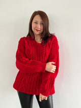 Long Alpacril Yarn Sweater with Diamond Design – Red