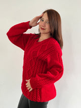 Long Alpacril Yarn Sweater with Diamond Design – Red