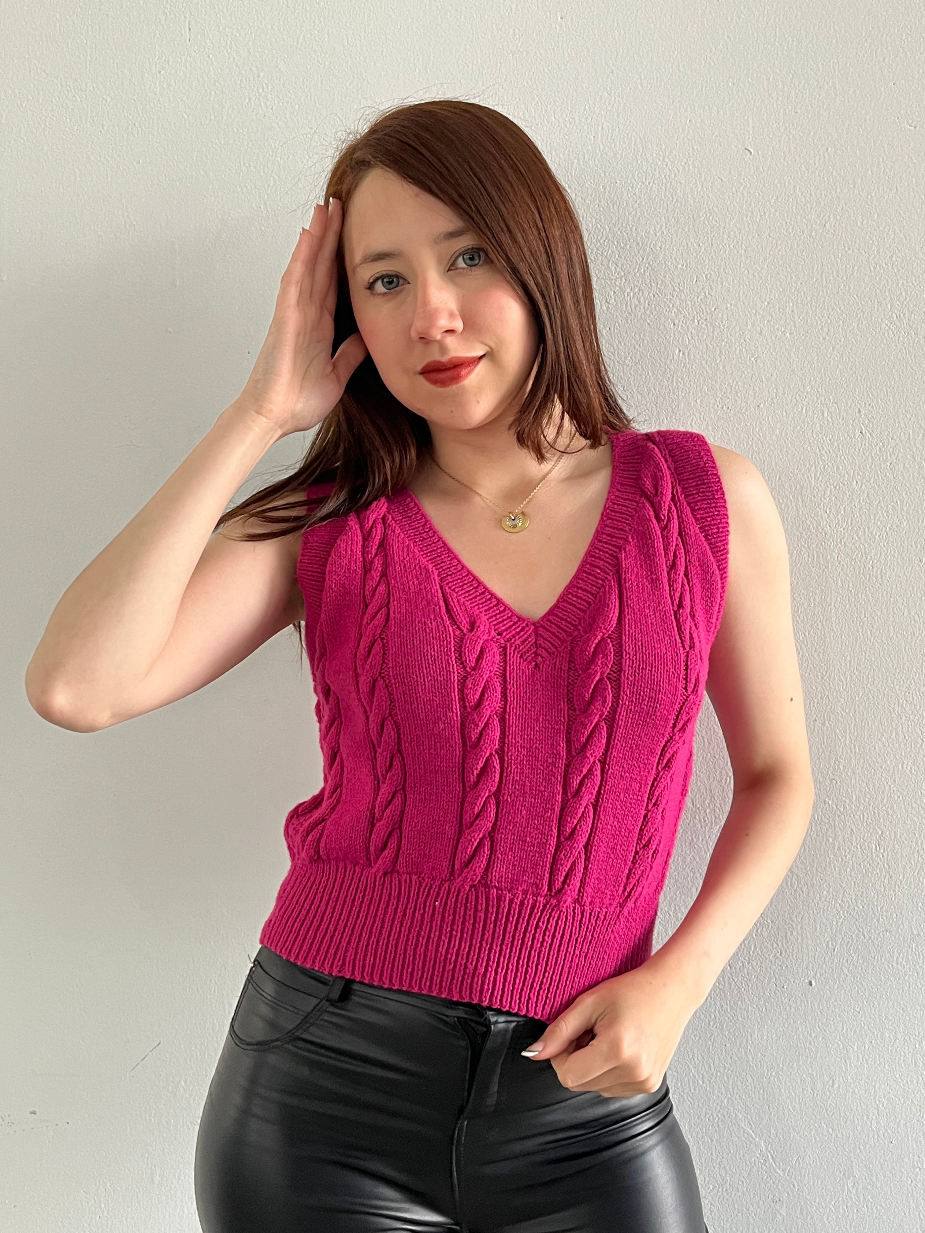 Knitted Vest with Diamond Design – Fuchsia V-Neck
