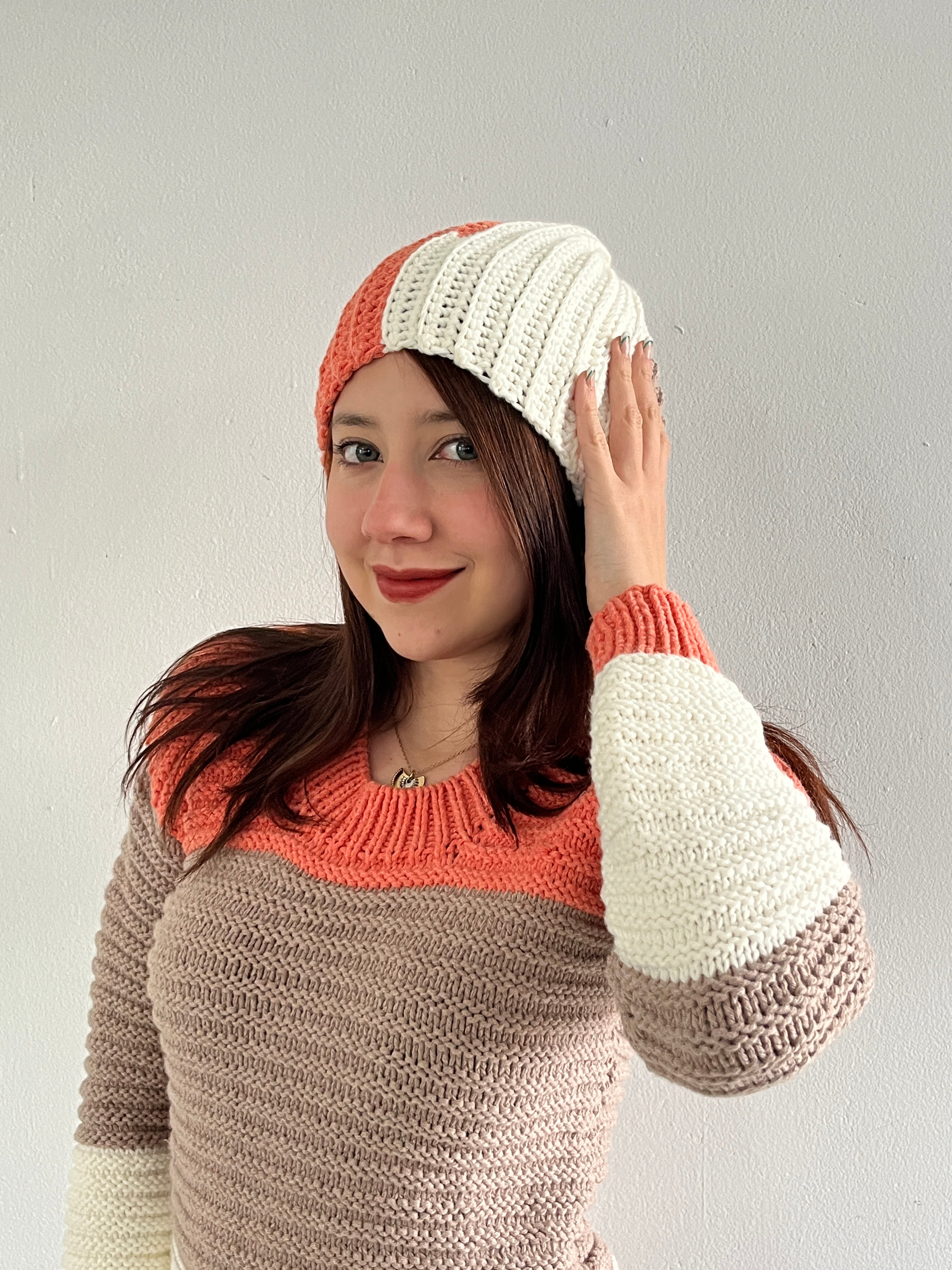 Anti-Allergy Cotton Hat with Coral, Beige, and Cream Stripes – Hand-Knitted