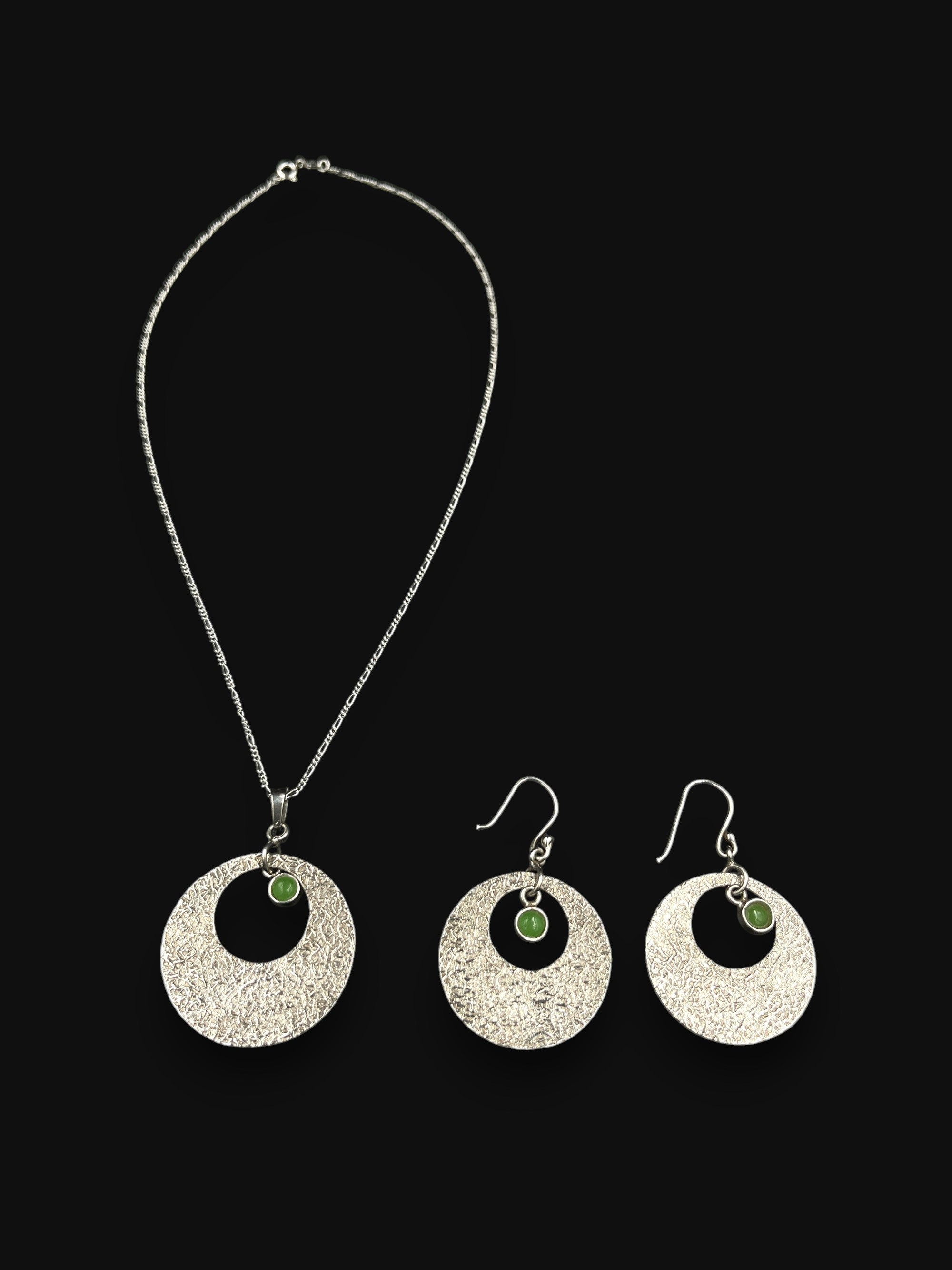 950 Silver Necklace and Earrings Set – Moon Design with Natural Green Jade Stone