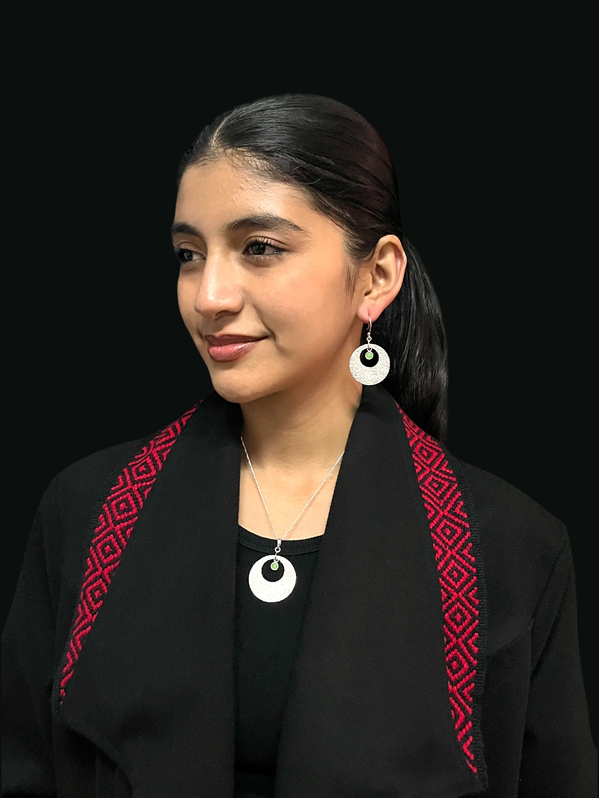 950 Silver Necklace and Earrings Set – Moon Design with Natural Green Jade Stone