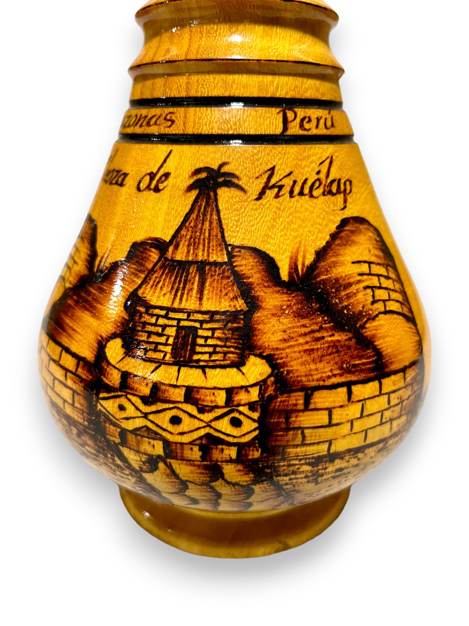 Pyrography Wooden Bottle with the Citadel of Kuelap