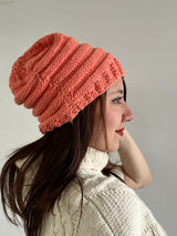 Hand-Knitted Cotton Hat with Leaf Design – Coral