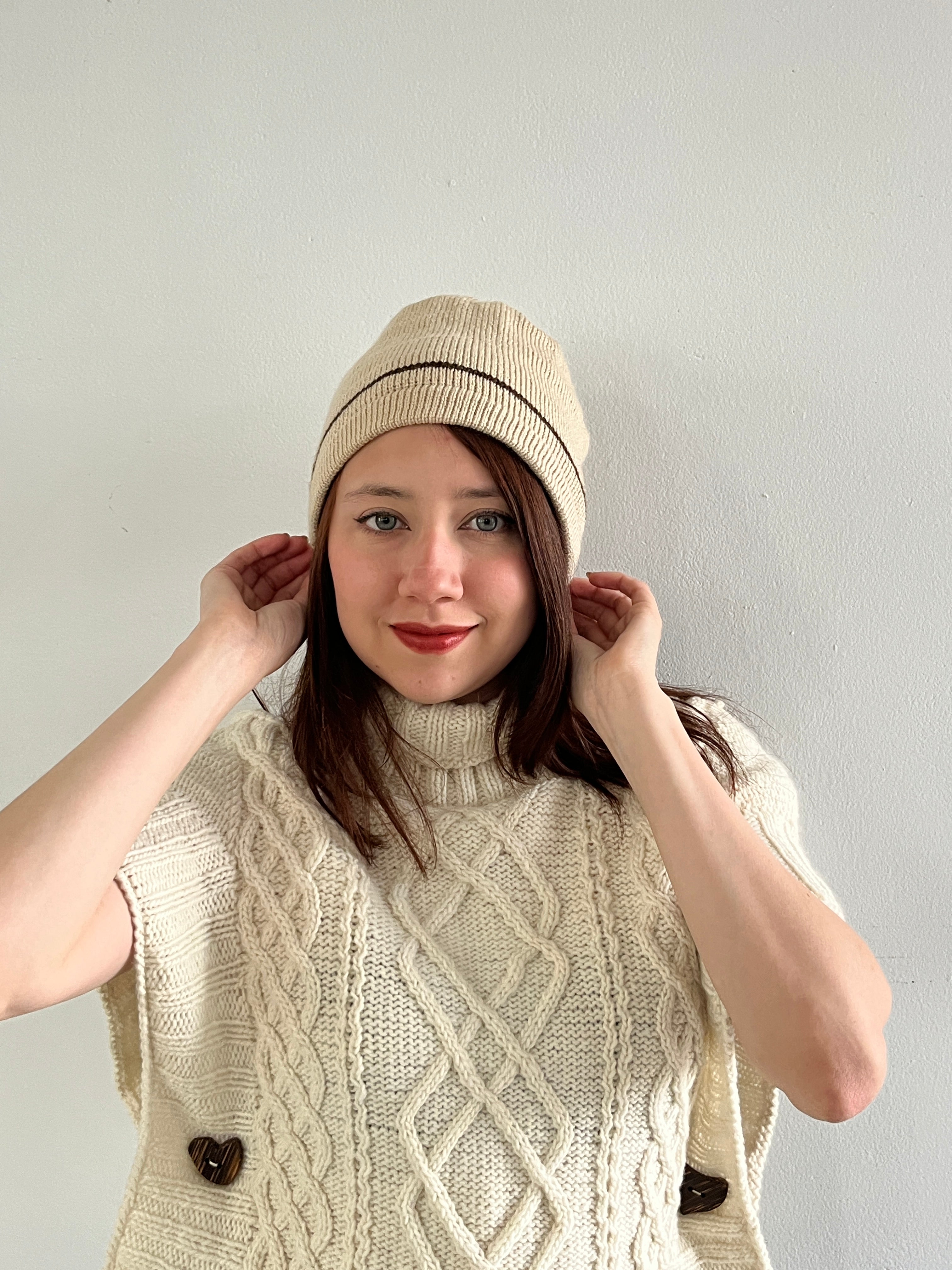 Beige Anti-Allergy Cotton Hat with Petrol Green Stripe – Hand Knitted