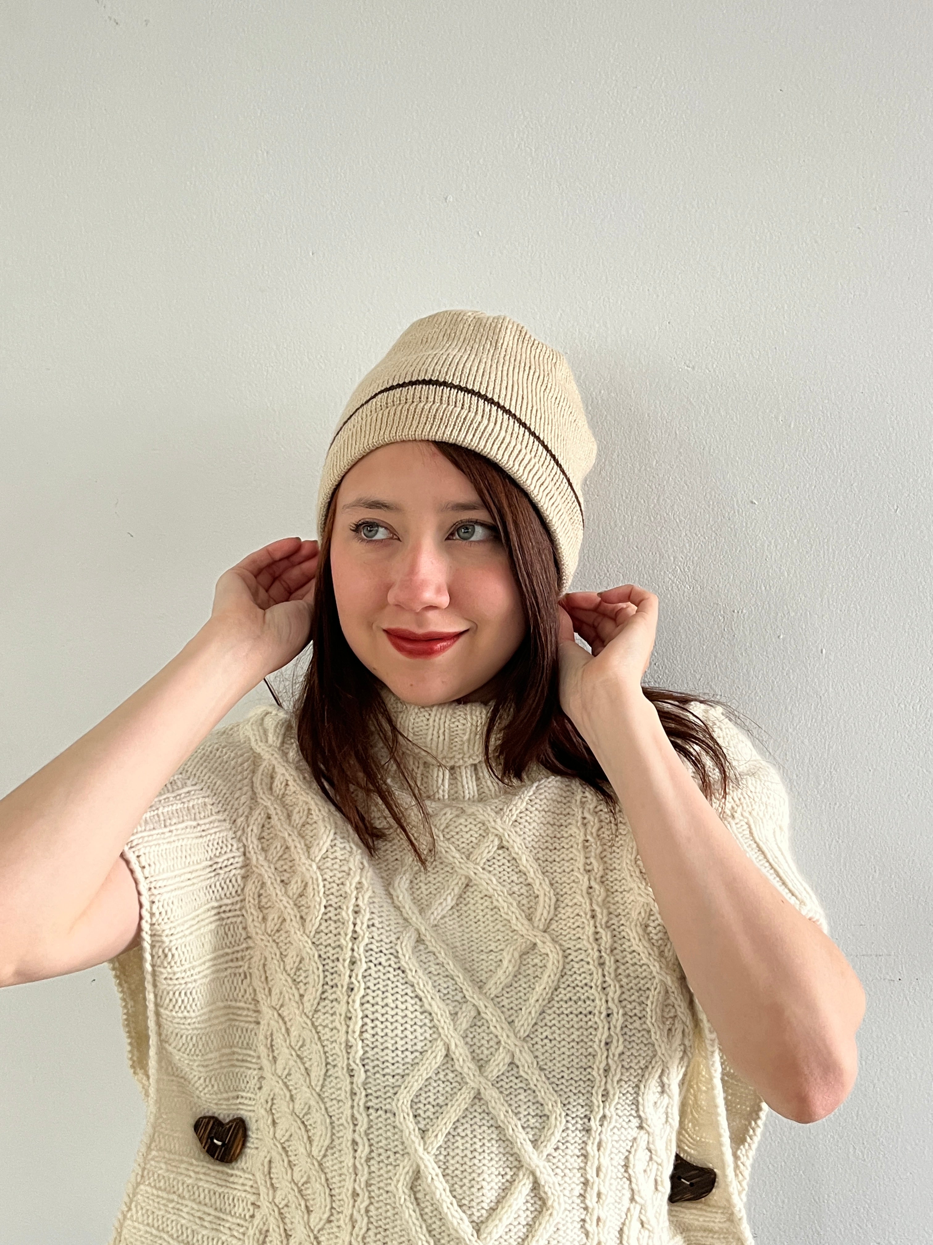 Beige Anti-Allergy Cotton Hat with Petrol Green Stripe – Hand Knitted
