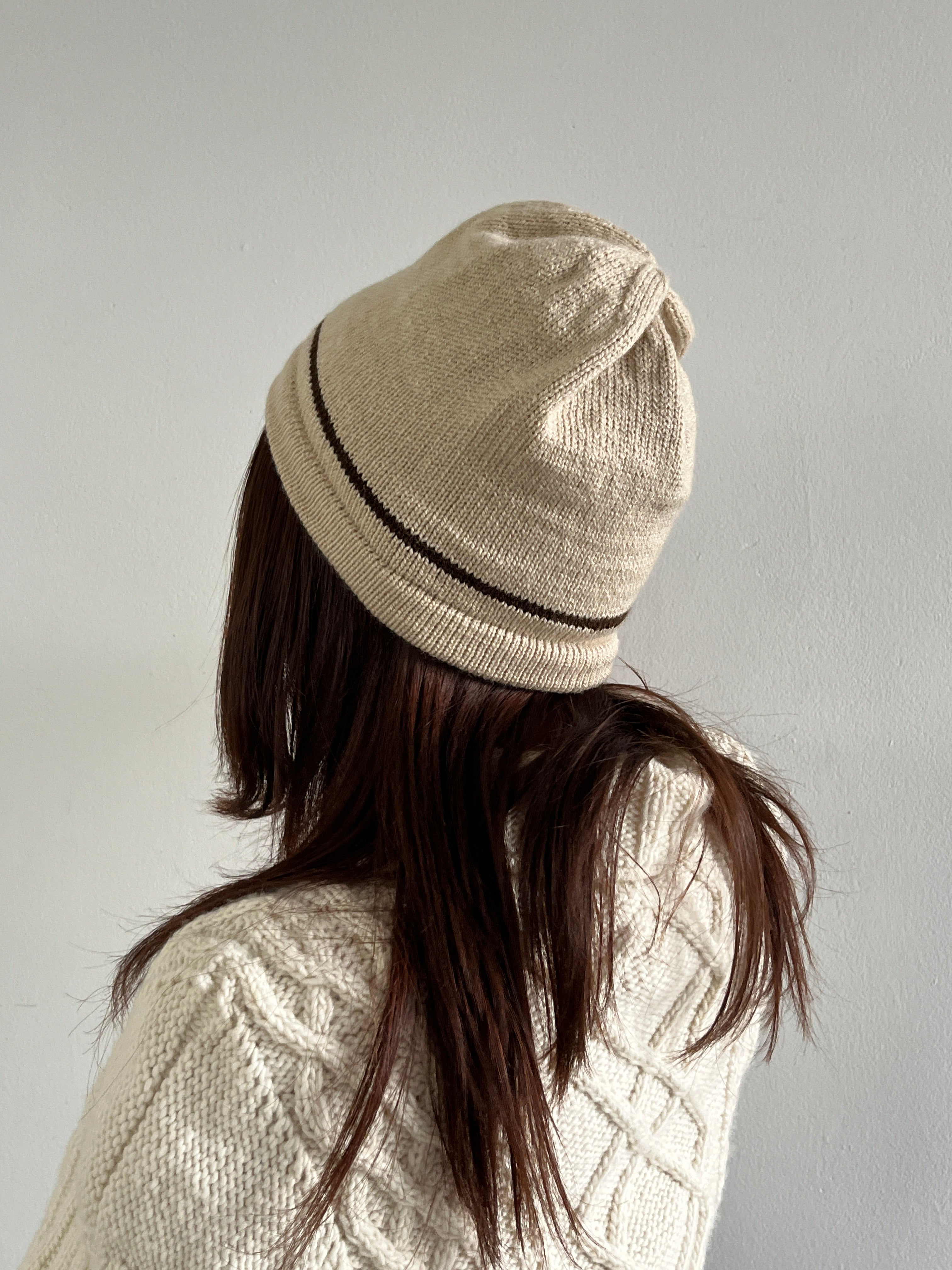 Beige Anti-Allergy Cotton Hat with Petrol Green Stripe – Hand Knitted
