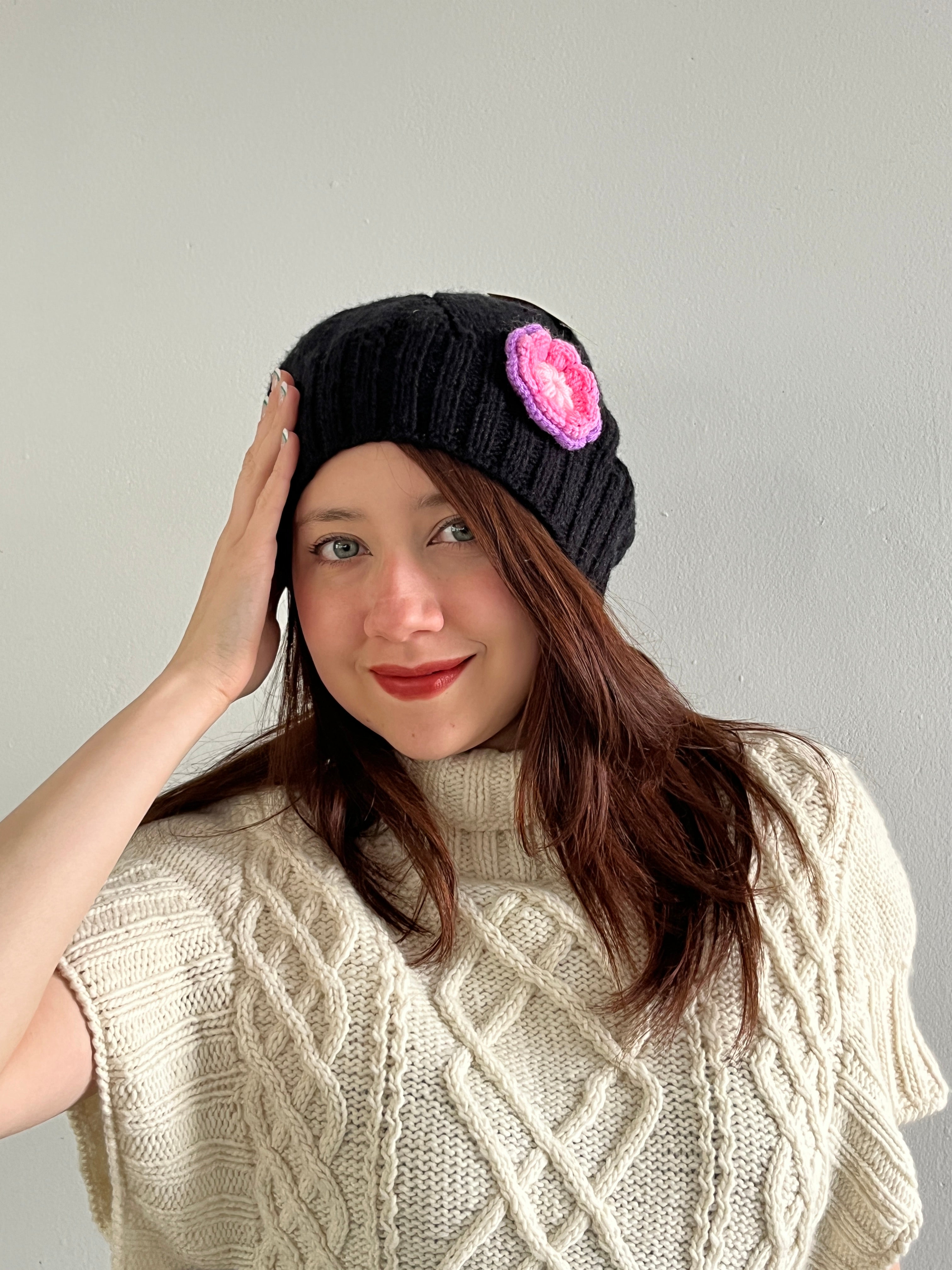 Black Hat with Pink Flower – Anti-Allergic Hand-Knitted Yarn