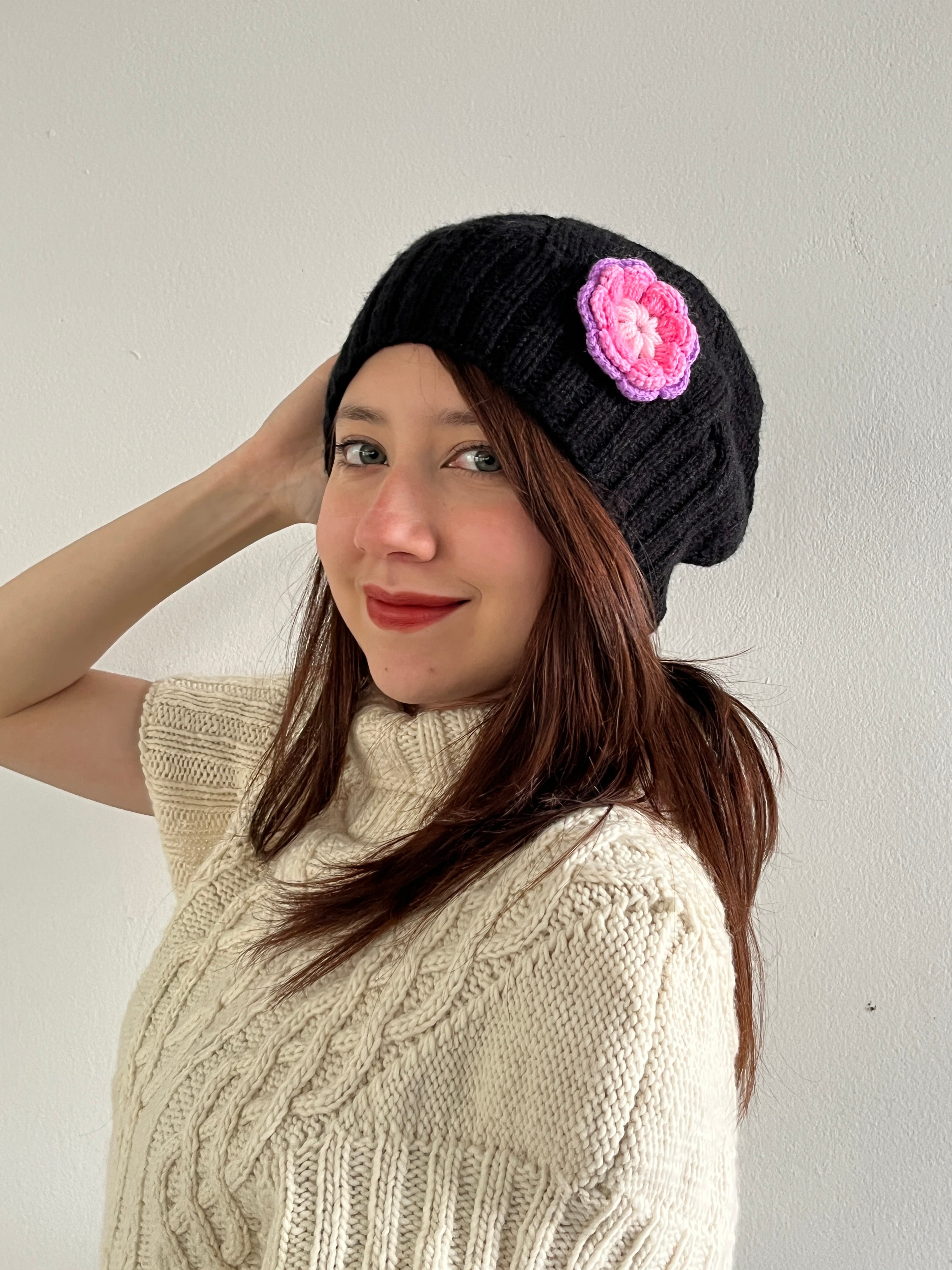 Black Hat with Pink Flower – Anti-Allergic Hand-Knitted Yarn
