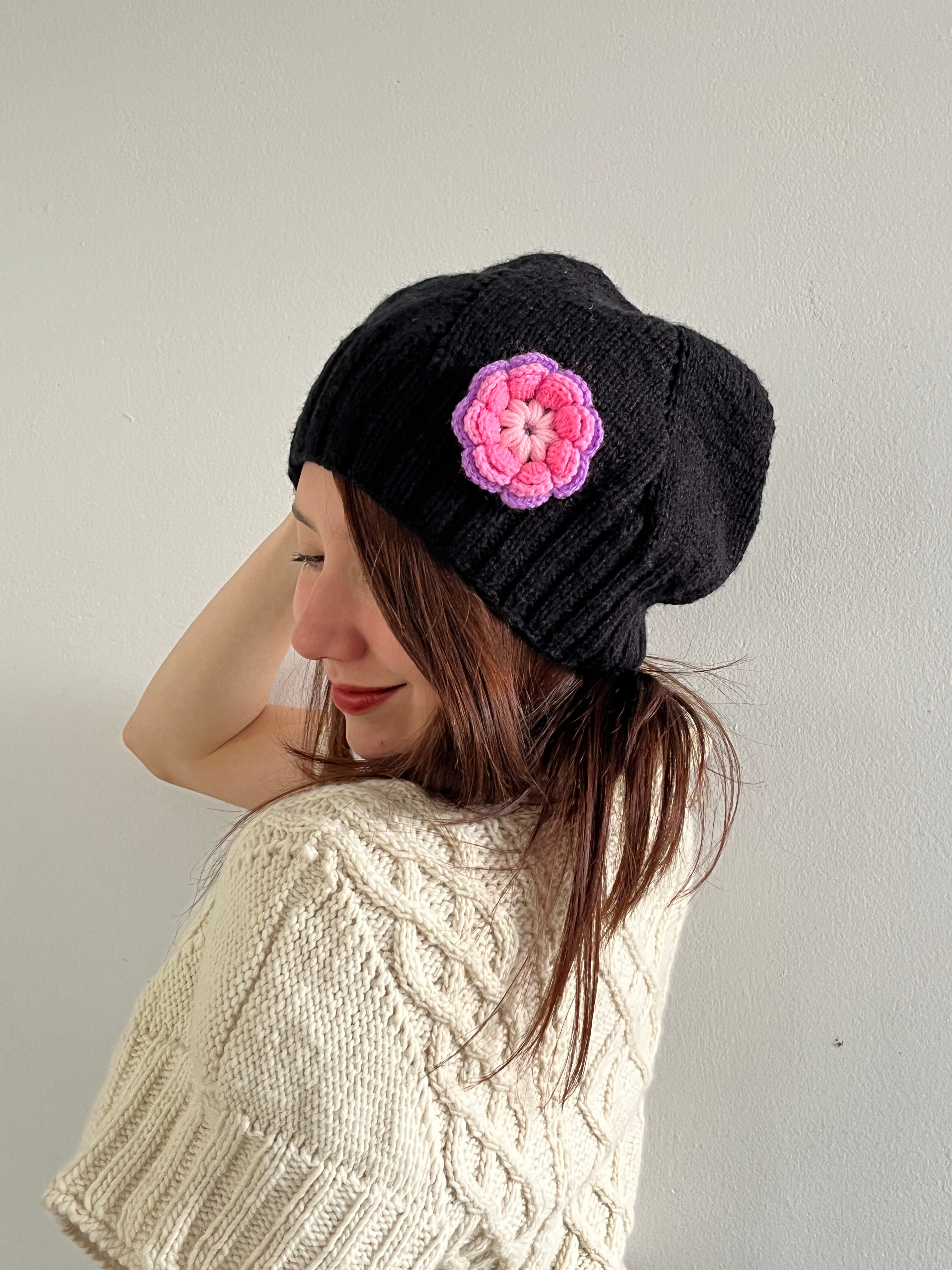 Black Hat with Pink Flower – Anti-Allergic Hand-Knitted Yarn
