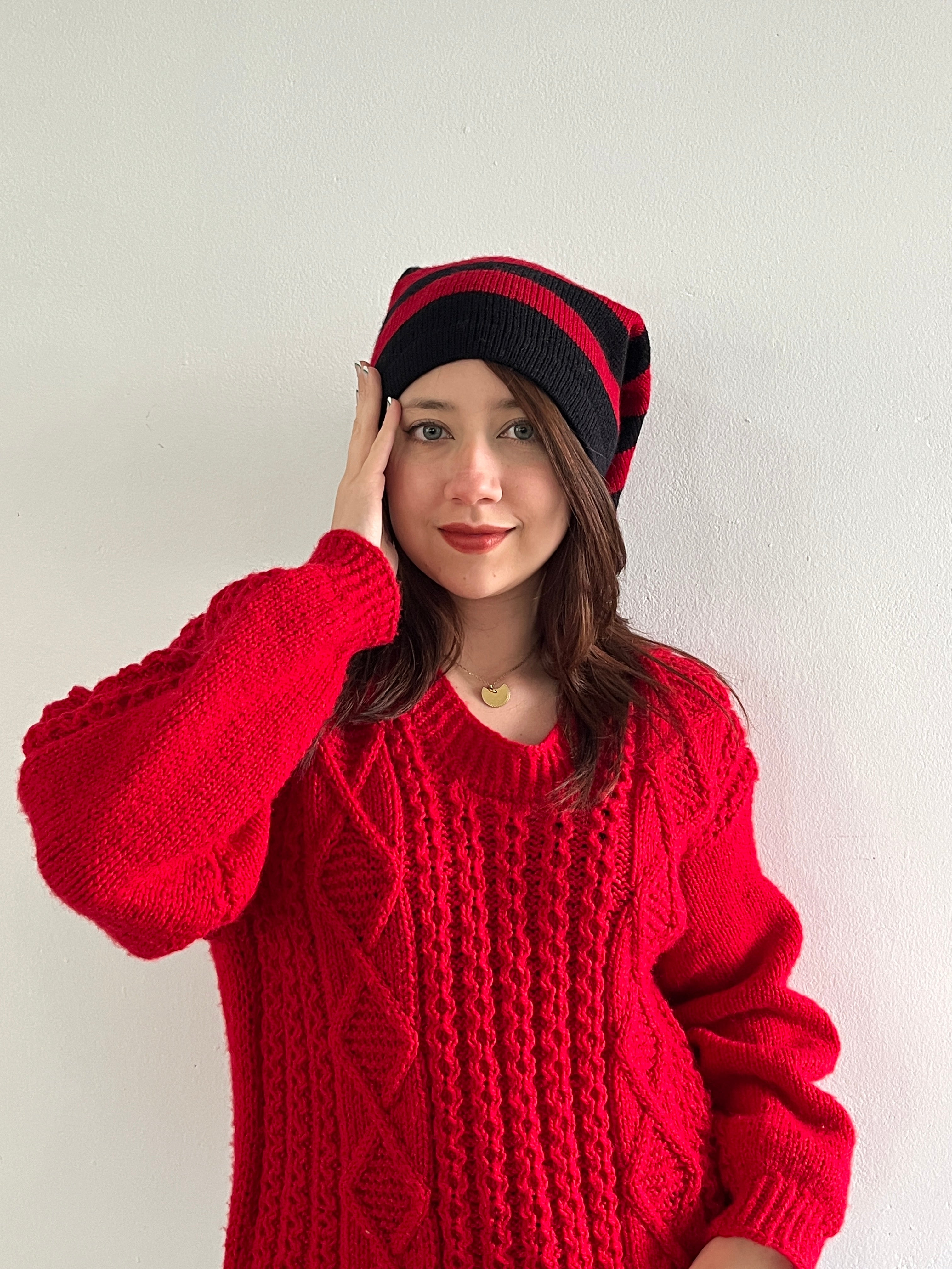 Red and Black Stripe Hat – Hand Knitted in Hypoallergenic Yarn