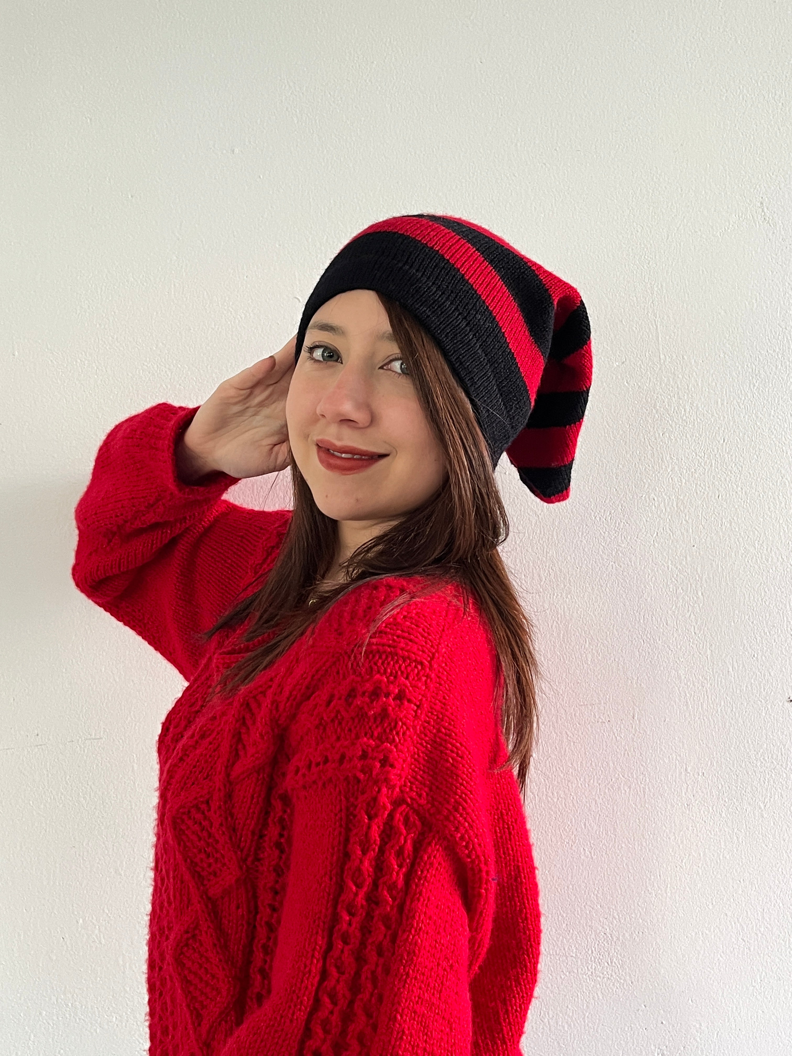 Red and Black Stripe Hat – Hand Knitted in Hypoallergenic Yarn