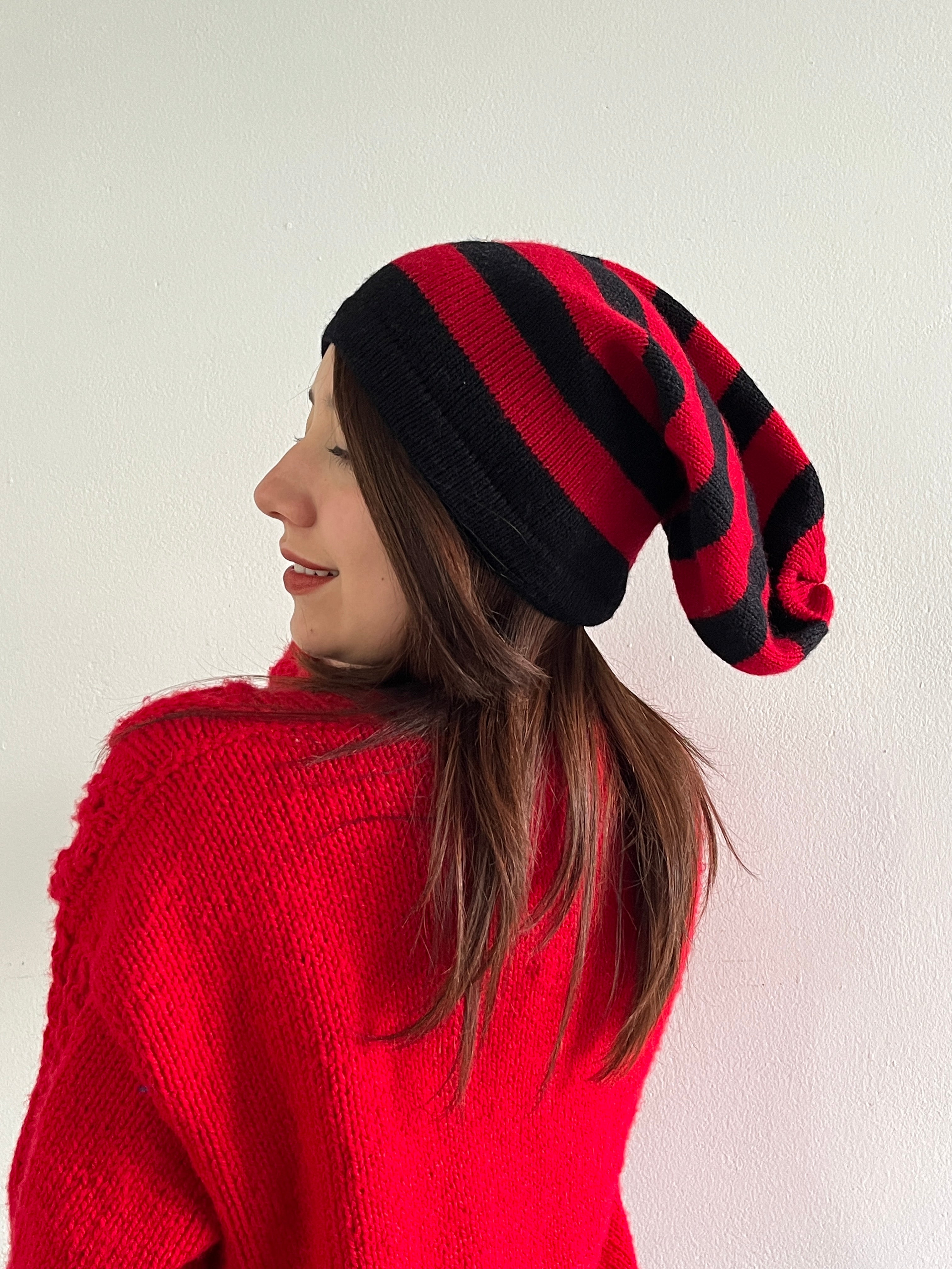 Red and Black Stripe Hat – Hand Knitted in Hypoallergenic Yarn