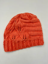 Hand-Knitted Cotton Hat with Leaf Design – Coral