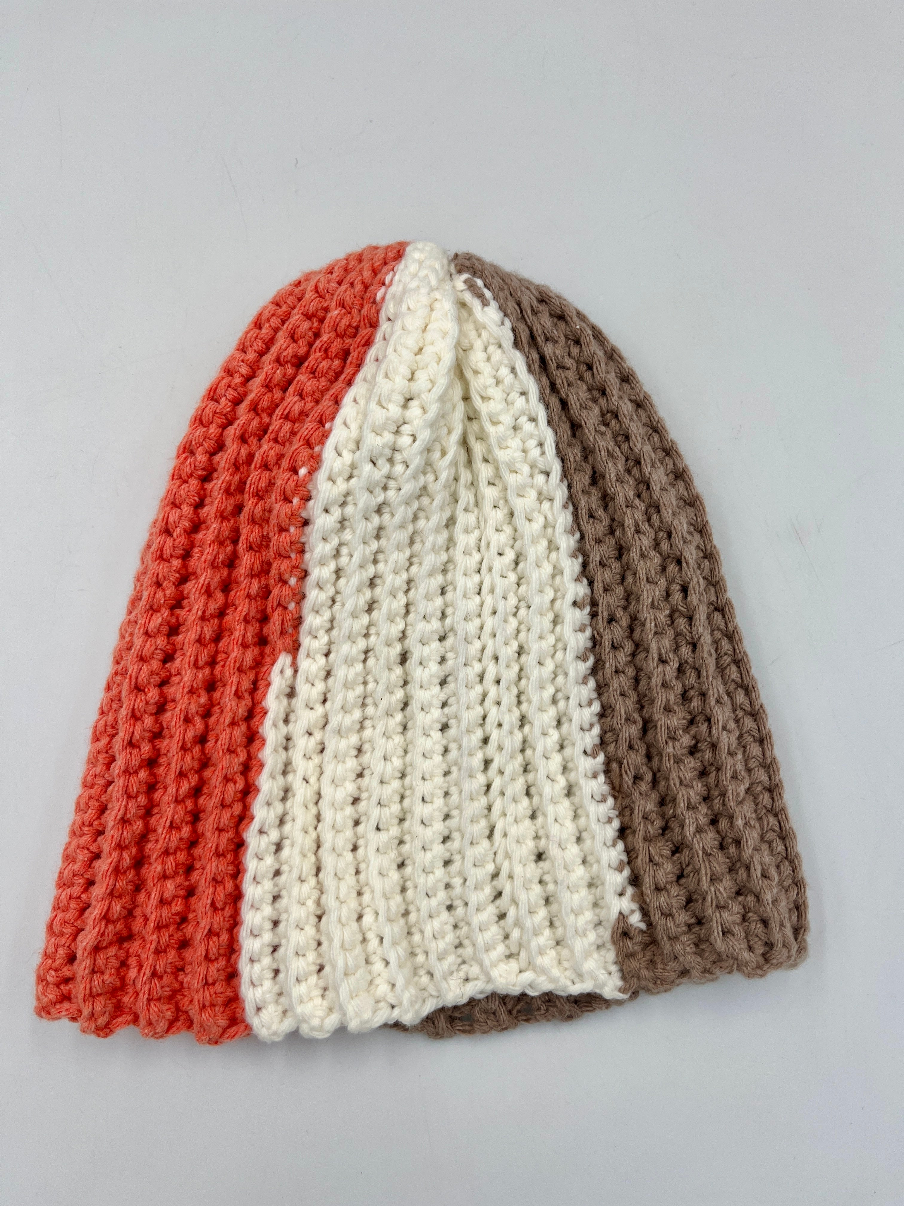 Anti-Allergy Cotton Hat with Coral, Beige, and Cream Stripes – Hand-Knitted