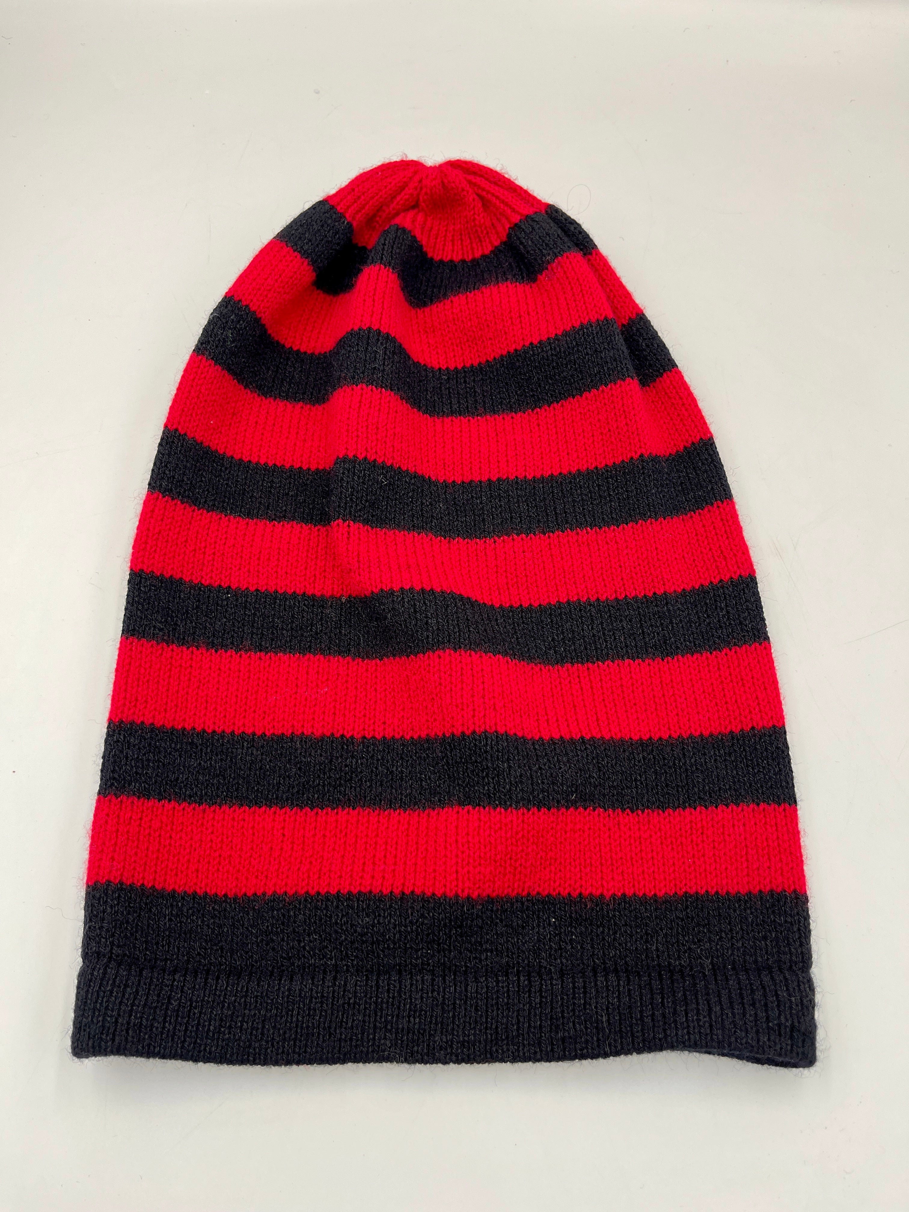 Red and Black Stripe Hat – Hand Knitted in Hypoallergenic Yarn